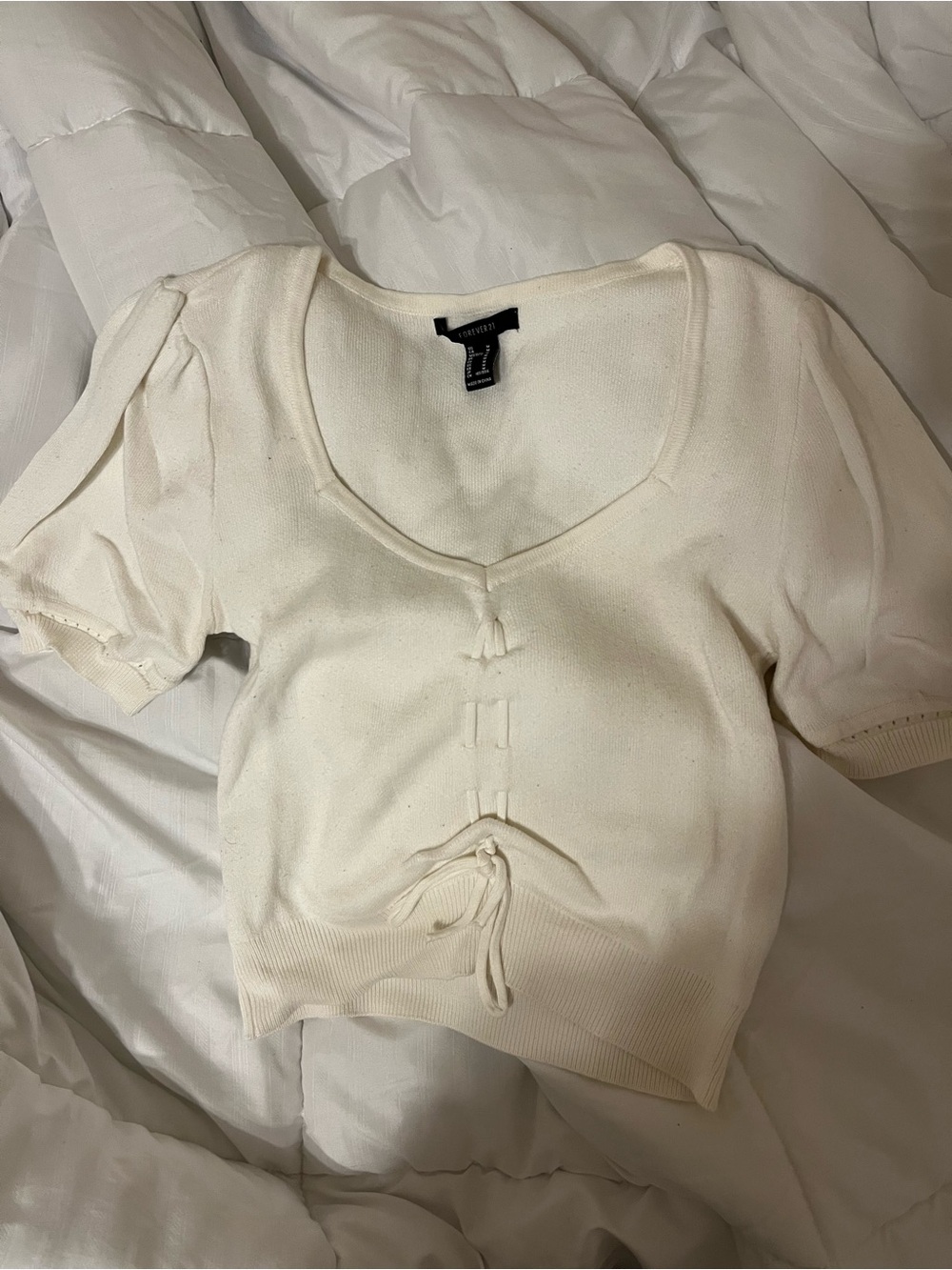 Forever 21 White Puff-Sleeve Knit Blouse